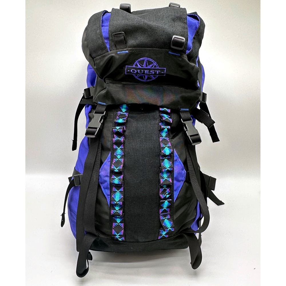 Quest Vintage Internal Frame Backpack Blue Black Geometric Hiking Trekking 22in